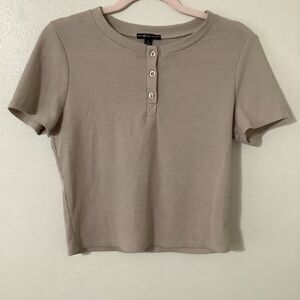 MMM Beige Nuetral Minimalist Preppy Academic Waffle‎ Knit Cropped Blouse XL